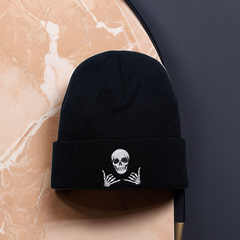 Embroidered Skull Gesture Beanie Hat for Men and Women